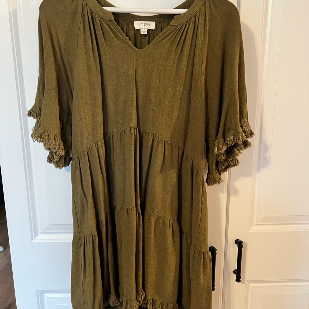 Umgee Olive Tunic Dress with Ruffle Sleeves